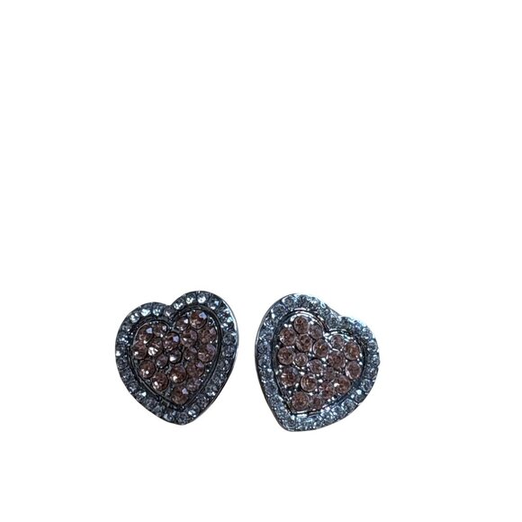 Heart Shaped Stud Earrings Rhinestone Pave Silvertone 0.75 inch - Picture 1 of 4